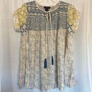 NWT Rachel Roy Women's Blue/Pink Embroidered Size Small Short Sleeve Top Boho